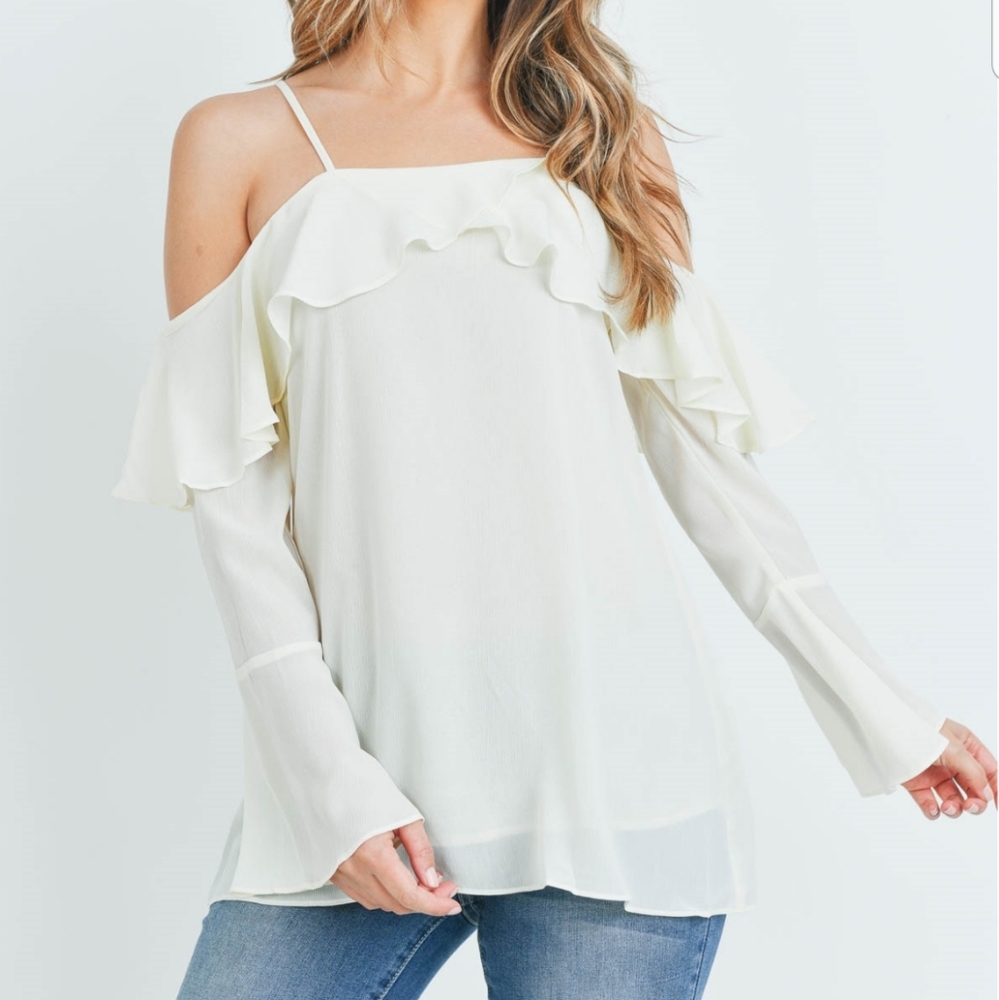 Cream Ruffled Cold-Shoulder Top
